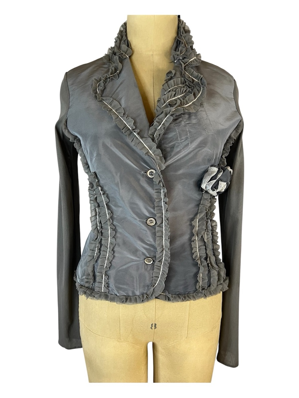 Tensione In Vintage Y2K Italy Gray Satin/mesh Ruffle-Trimmed Women’s Blazer
